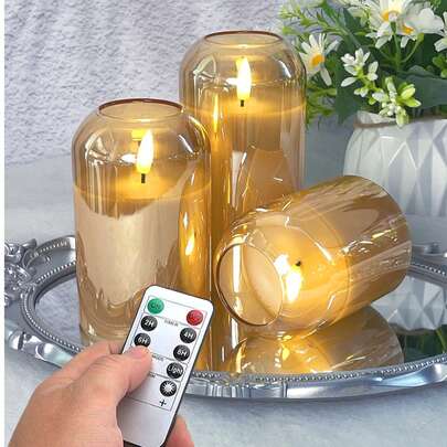 3支装无焰蜡烛灯，带定时/遥控功能，电池供电，许愿蜡烛灯，无异味蜡烛灯，优质透明玻璃罩，3支逼真火焰柱状蜡烛，温暖火焰，适用于家居、卧室、婚礼、求婚、圣诞节、万圣节、情人节、公司聚会等场合