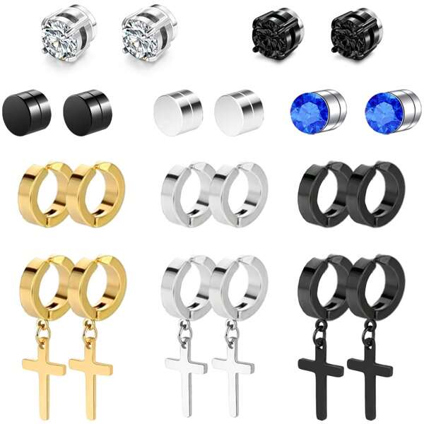 11 Pairs Clip On, Non-Pierced, Fake Earrings - Black Cross Hoop Dangle For Men & Women
