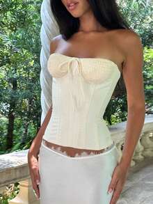 Women's Smocked Tube Tops Summer Fashionable Solid Color Off Shoulder Sleeveless Slim Fit Shirt - 香檳色 - 查看 4