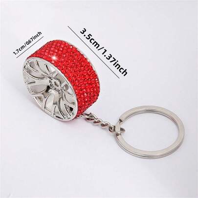 AD 1pc Rhinestone Decorated Car Key Chain, Zinc Alloy Car Wheel Shaped Keychain Accessory