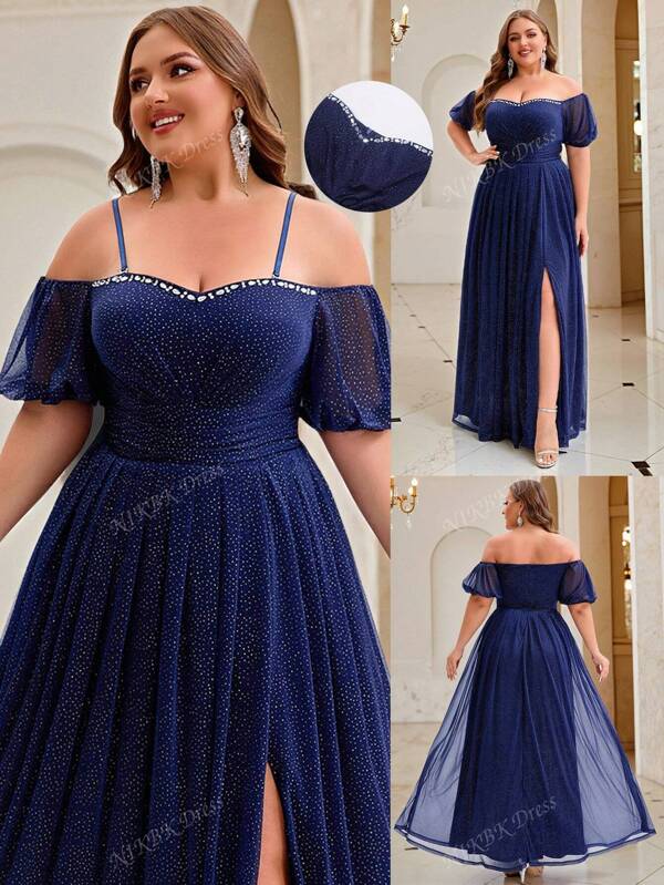 NIKBK Herbstkleidung in Große Größen oder Damen Herbst Blau Schulterfreies rückenfreies Kleid mit Strass-Pailletten, Herzausschnitt, einfarbig, Reißverschluss-Design, bequem geschnitten, wadenlang für Party, formelle Hochzeitsgäste, Brautjungfern, Ballkleid, Abendkleid