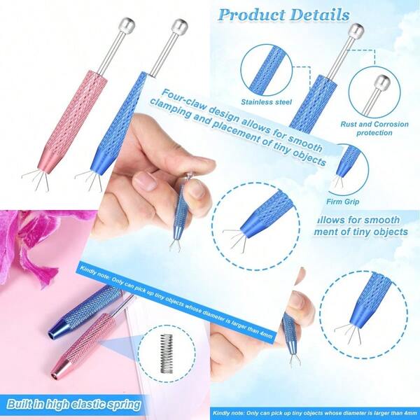 2 Pcs Piercing Ball Grabber Tool 4Claw Pick Up Piercing Tools For Changing Jewelry Claw Tweezers Piercing Tool For Small Parts Pickup Pink And Blue #DSGDSF
