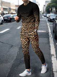 Men's Leopard Print Long Sleeve T-Shirt And Pants Set, Fall Clothes
