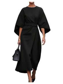 Solid Color Elegant Party Dress For Women Round Neck Half Sleeves High Waist Midi Dress Evening Gowns - 黑色 - 查看 2