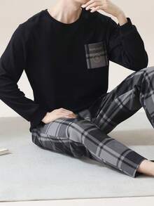 2 piezas Conjunto de pijama para hombre, camiseta de cuello redondo de manga larga y pantalón largo, ropa de estar en casa transpirable y que absorbe la humedad, para primavera/verano/otoño/invierno, ropa de otoño