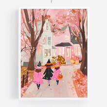 1 pieza Pintura de pared de bruja rosa de Halloween, Pintura de tres niñas pidiendo dulces, arte de pared raro y lindo, imprimible de otoño para habitación de niñas (Marco opcional)