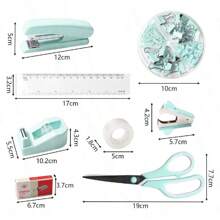 Juego de papelería rosa, accesorios de escritorio rosa, juego de grapadora y dispensador de cinta con regla transparente, tijeras rosas, dispensador de cinta, sacagrapas rosa, grapas, clips, útiles escolares y de oficina