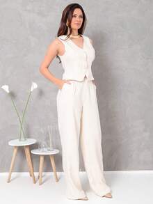 Women's Vest And Tailored Trousers Set - 米色 - 查看 4