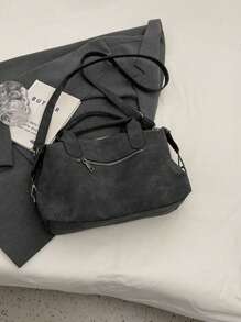 新款复古PU皮女士手提包，时尚拉链单肩包，配可拆卸肩带，女士工作旅行二合一包，灰色、黑色、绿色 - 黑色 - 查看 11