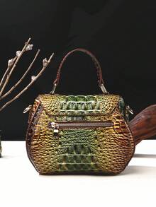 Classic Solid Color Mini Square Handbag, Crocodile Pattern Top Handle Bag For Women - 1#綠色+棕色 - 查看 5