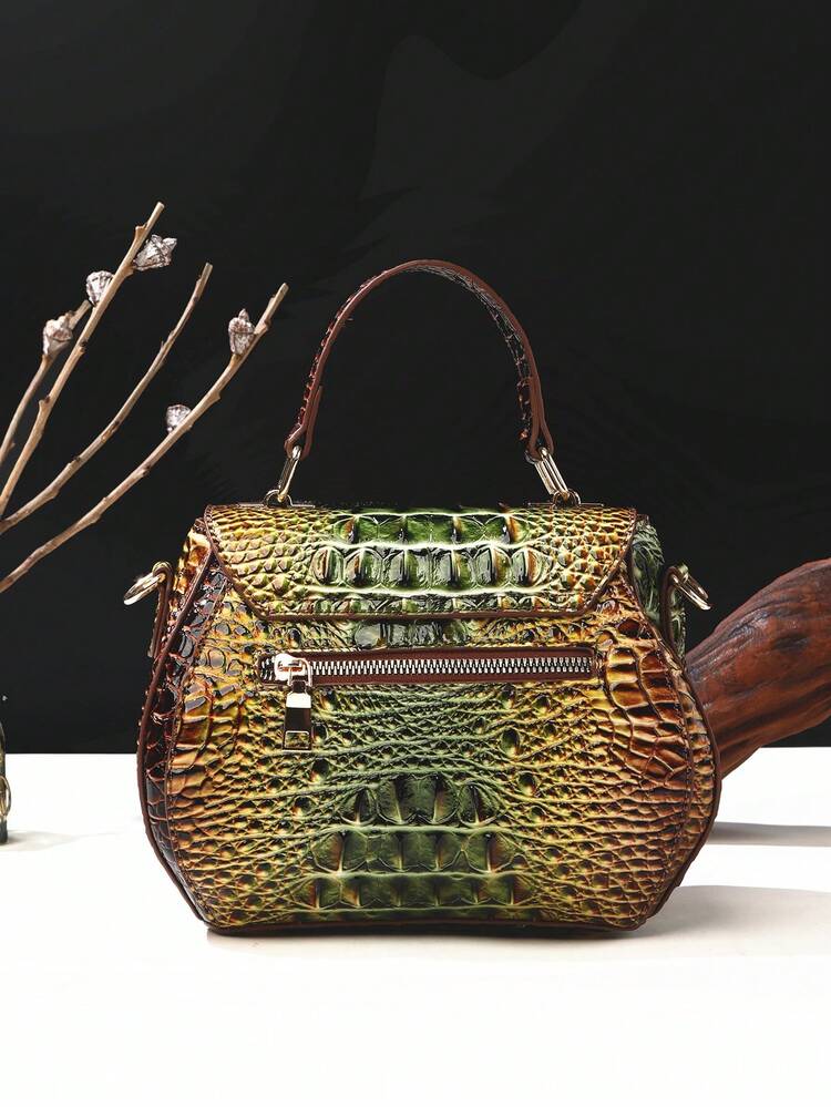 Classic Solid Color Mini Square Handbag, Crocodile Pattern Top Handle Bag For Women - 1#xanh lá cây+nâu - Xem 5