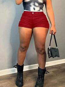 性感锐舞女款弹力PU皮短裤街头风口袋修身喇叭短裤夏季穿搭 - 紅色 - 查看 4