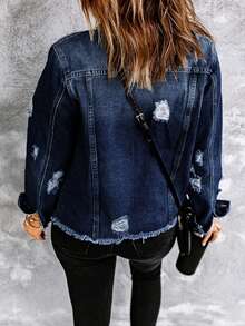 女士做旧水洗牛仔外套，适合秋季穿着 - 深色水洗藍 - 查看 3