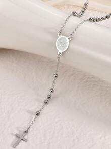 1pc Fashionable Versatile Steel-Color Rosary Necklace - Silver - View 2
