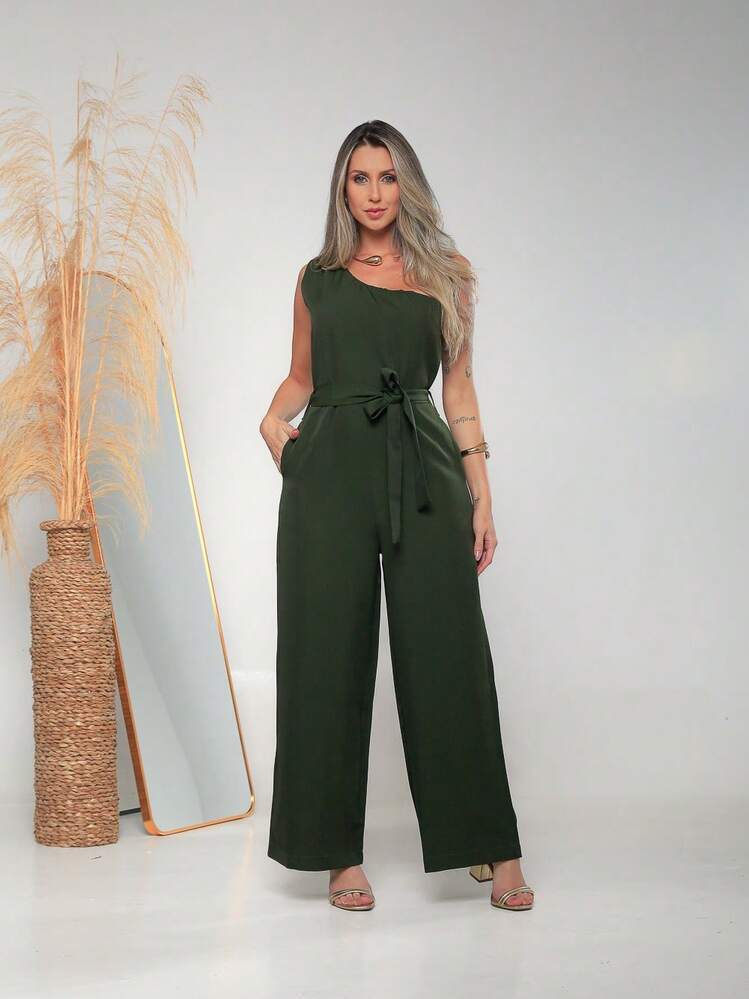 Women's Elegant One-Shoulder Jumpsuit With Pockets And Tie Belt C3152 - 軍綠色 - 查看 1
