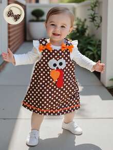 Infant Baby Girl Clothes Set Long Sleeve Solid Color Romper And Turkey Embroidery Dot Dress With Headband 3Pcs Outfit - White - View 5