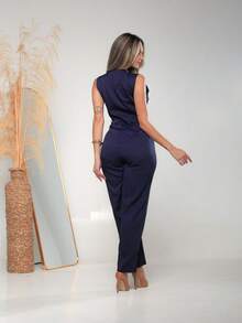 Women's Tailored Jumpsuit With Button At The Front C3154 - Navy Blue - View 4