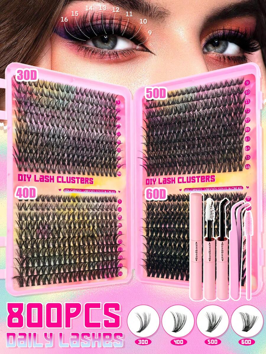 800 件超高浓密自嫁假睫毛套装，30D/40D/50D/60D/80D/100D D 卷曲自然蓬松、浓密、超厚、丰盈睫毛，适合日常使用和初学者，款式混合，可自由搭配睫毛簇套装、睫毛、睫毛、假睫毛