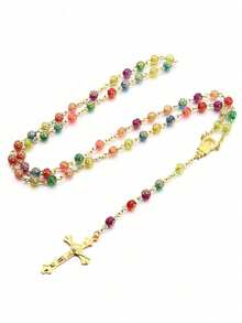 1件复古简约彩色串珠十字架吊坠项链，男女通用 - 彩色 - 查看 1