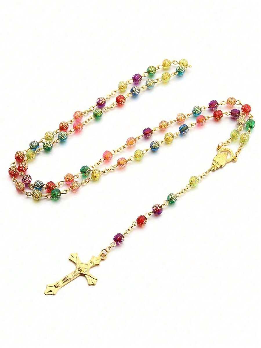 1件复古简约彩色串珠十字架吊坠项链，男女通用 - 彩色 - 查看 1