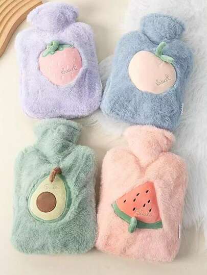 Joivida 1pc Unisex Cartoon Fruit Pattern Flocked Large Capacity Hot Water Bottle, Refillable, Anti-Explosion, Anti-Leakage, Detachable, Warm Hand Warmer, Suitable For Winter Outdoor Camping, Travel, Home, Office, School, Dorm, Daily Use