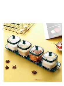 Condiment Jar With Lid And Spoon Spice Container, Clear, Green, White, Condiment Jar Seasoning Jar Salt Container Sugar Jar, Kitchen, Counter, Food Storage, 1 Tray +4 Jars, 1 Tray +3 Jars, Thanksgiving Day Gift, Harvest Festival, Family Dinner