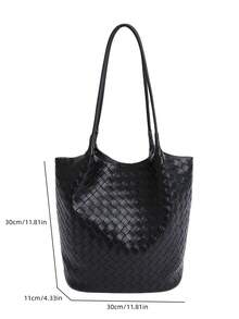 2pcs Vintage Commuter Style Knitted PU Leather Bucket Bag Set, Large Capacity Shoulder Bag For Women, Autumn/Winter - Black - View 4