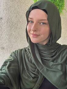 1件柔软纯色针织头巾，丝绸混纺围巾，适合搭配连衣裙 - 軍綠色 - 查看 4