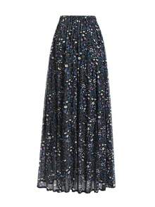 EARO Plus Size Women's Chiffon Floral Pleated A-Line Skirt, High Waist Loose Flattering Elegant Vacation & Everyday Wear, Spring/Autumn - màu đen - Xem 2