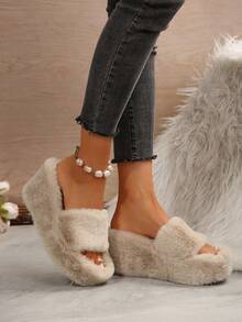 女士休闲可爱毛绒一脚蹬拖鞋，厚底坡跟，适合室内外穿着，春秋季，毛茸茸的鞋子 - 杏色 - 查看 5