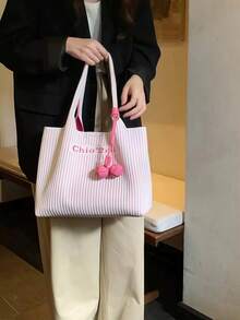 Chio2nd Commuter Pink Wave Tote Bag 2024 New Fashion Large Bag Women's Shoulder Bag Color Matching Knitted Bag, Suitable For Office Workers, Ladies, Girls(Without Pendant)