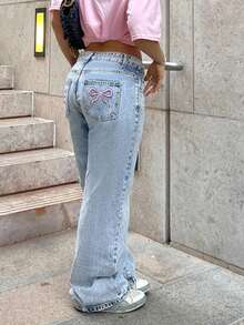 Fashionable Millennium Style Casual Women's Classic Light-Colored Embroidered Back Pocket Straight-Leg Long Jeans - Rửa nhẹ - Xem 4