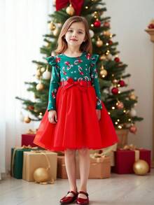 Vestido de Malha com Bainha Bufante Estampa de Menino de Neve e Floco de Neve do Natal para Meninas, com Cinto - Verde Escuro - Visão 3