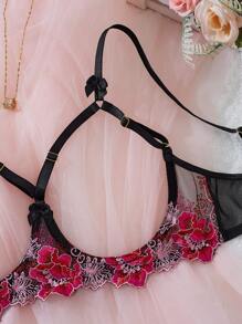 2pcs/Set Fuchsia Embroidered Lace Trim Hollow-Out Floral Bralette Lingerie Set, Sexy Open Crotch Pants, Classic & Seductive Sleepwear Set For Women - Hot Pink - View 4