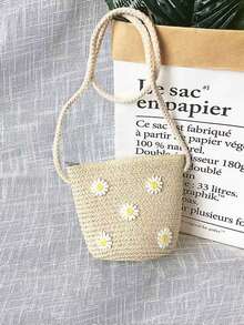 1 قطعة - حقيبة قش جديدة عصرية، حقيبة بشكل زهرة قلب كرتونية جميلة، زخرفة بالدانتيل والزهور، مزينة بأسنان بلورية براقة، أنماط متعددة الألوان للحقيبة المنسوجة - متعدد الألوان - مشاهدة 4