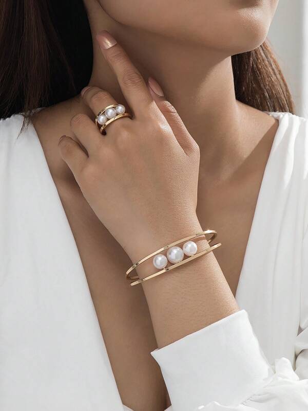 1 set Bracelet et bague pour femmes avec motif géométrique métallique élégant et perle fausse rotative, convient pour le port quotidien et les mariages