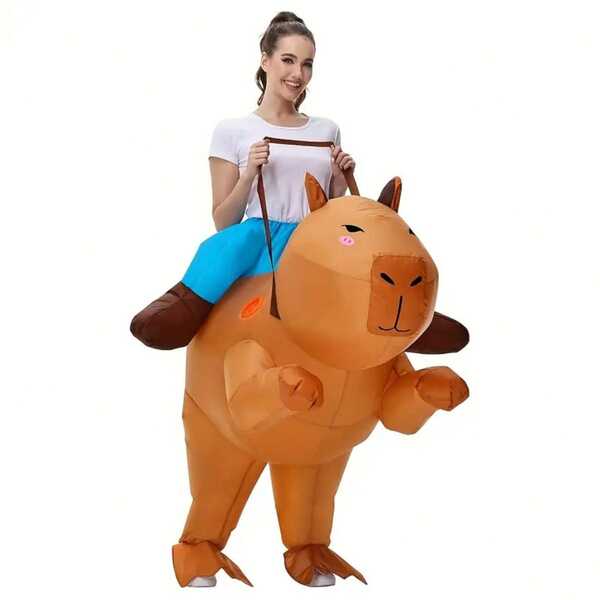 Disfraz inflable de capibara - Lindo disfraz redondo de poliéster gris con capucha verde, alimentado por USB para Halloween, carnaval, fiestas - Incluye ventilador y caja de baterías (baterías no incluidas), accesorios de capibara, sin batería