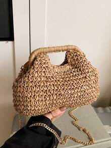 时尚草编包，女士小众时尚编织森林风链条单肩包，休闲百搭斜挎包，适合外出、约会、购物、送礼、通勤等各种场合 - 卡其色 - 查看 8