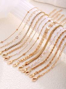 12 件复古优雅扁平蛇链、盒链、串珠链、扭纹链、水钻手链套装、创意空心心链、波浪链手链、朋克金属百搭珠宝，适合女性日常、休闲、派对 - 金色 - 查看 4