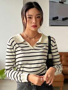 Suéter de manga larga de punto a rayas para mujer, uso de otoño e invierno, ocio diario, se puede usar en interiores y exteriores. - Blanco - Ver 2