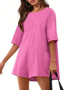 Women's Summer Oversized Athletic Jumpsuit Casual Short Sleeve Romper With Pockets - Loose Fit Playsuit Tracksuit Style - 玫紅色 - 查看 4