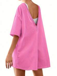 Women's Summer Oversized Athletic Jumpsuit Casual Short Sleeve Romper With Pockets - Loose Fit Playsuit Tracksuit Style - 玫紅色 - 查看 2