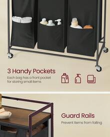 VASAGLE Laundry Sorter, 43.5 Gal. (165 L) Laundry Hamper Basket With 3 Compartments, Rolling Cart With Wheels, Shelf, Removable Bags, Pockets - 墨黑色+鄉村棕 - 查看 4