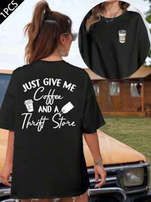 Coffee Thrift TShirt Novelty , Women's Double Sided Printed Fashion Casual Round Neck 220gsm Cotton T-Shirt (1 PC)