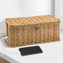 Handmade Cable Management Box - Elegant And Practical Cable Organizer With 2 Open Compartments For Home And Office, TV Cables, Computer Routers, USB Hubs, And Power Supplies. Rattan Cable Hiding Box (Wood) - Yellow - View 1