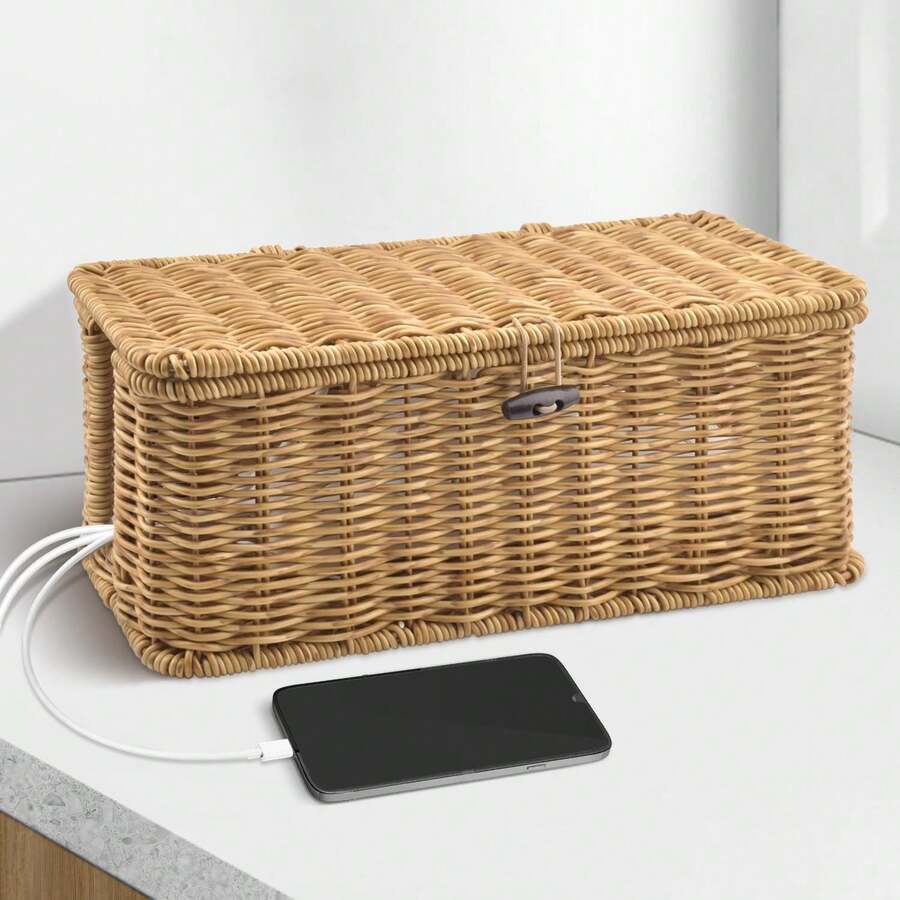 Handmade Cable Management Box - Elegant And Practical Cable Organizer With 2 Open Compartments For Home And Office, TV Cables, Computer Routers, USB Hubs, And Power Supplies. Rattan Cable Hiding Box (Wood) - Yellow - View 1