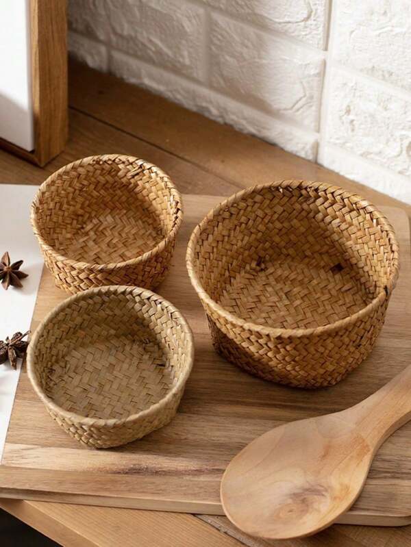 1 pezzo/2 pezzi/3 pezzi Cestino portaoggetti intrecciato per la casa, Cestino portaoggetti per zenzero e aglio in cucina, Cestino portaoggetti rotondo per stoviglie all'ingresso, Cestino portaoggetti da scrivania, Cestino portaoggetti piccolo per oggetti vari, Cestino portaspuntini, Cestino da picnic per la casa