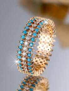 1 件奢华三排方晶锆石女士订婚派对闪亮戒指，优雅宽新娘结婚戒指，配黑白锆石首饰 - 戒指 - 查看 15