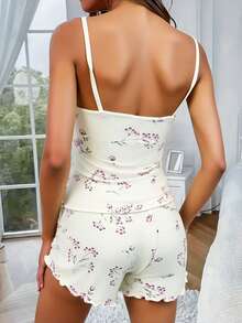 白色花卉图案女式无袖短裤套装 - 白色 - 查看 2