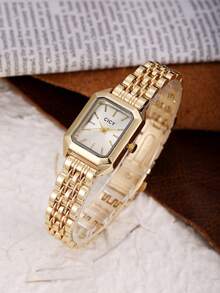 1 件女士时尚简约方形铆钉刻度金色钢带石英手表，适合节日和生日礼物 - 銀色 - 查看 10